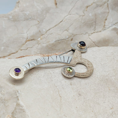 Abstract Sterling Silver & 14ct Gold Gemstone Brooch