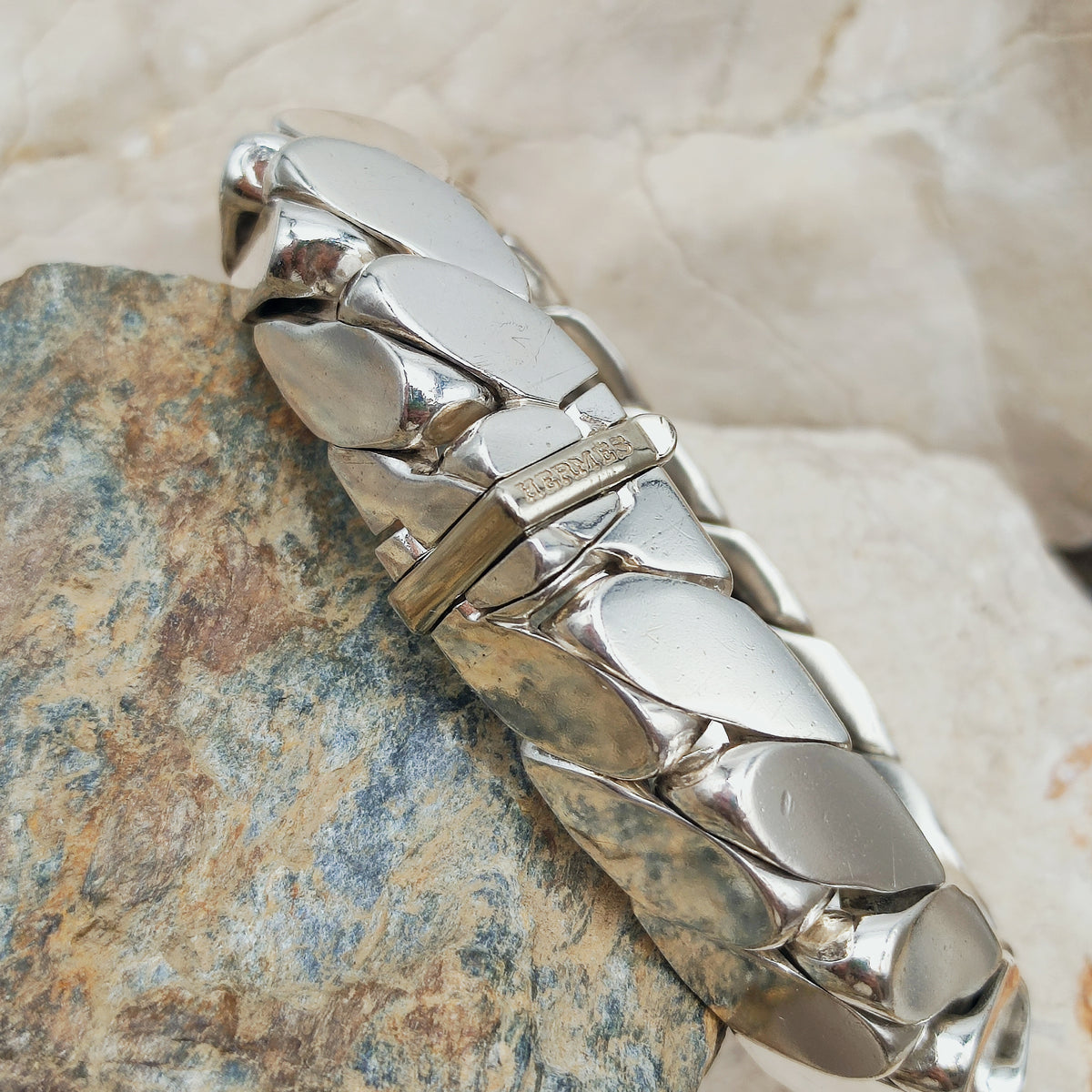 Vintage Hermès Fersen Sterling Silver Bracelet with 18ct White Gold Clasp