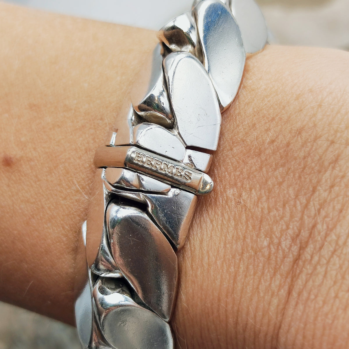 Vintage Hermès Fersen Sterling Silver Bracelet with 18ct White Gold Clasp