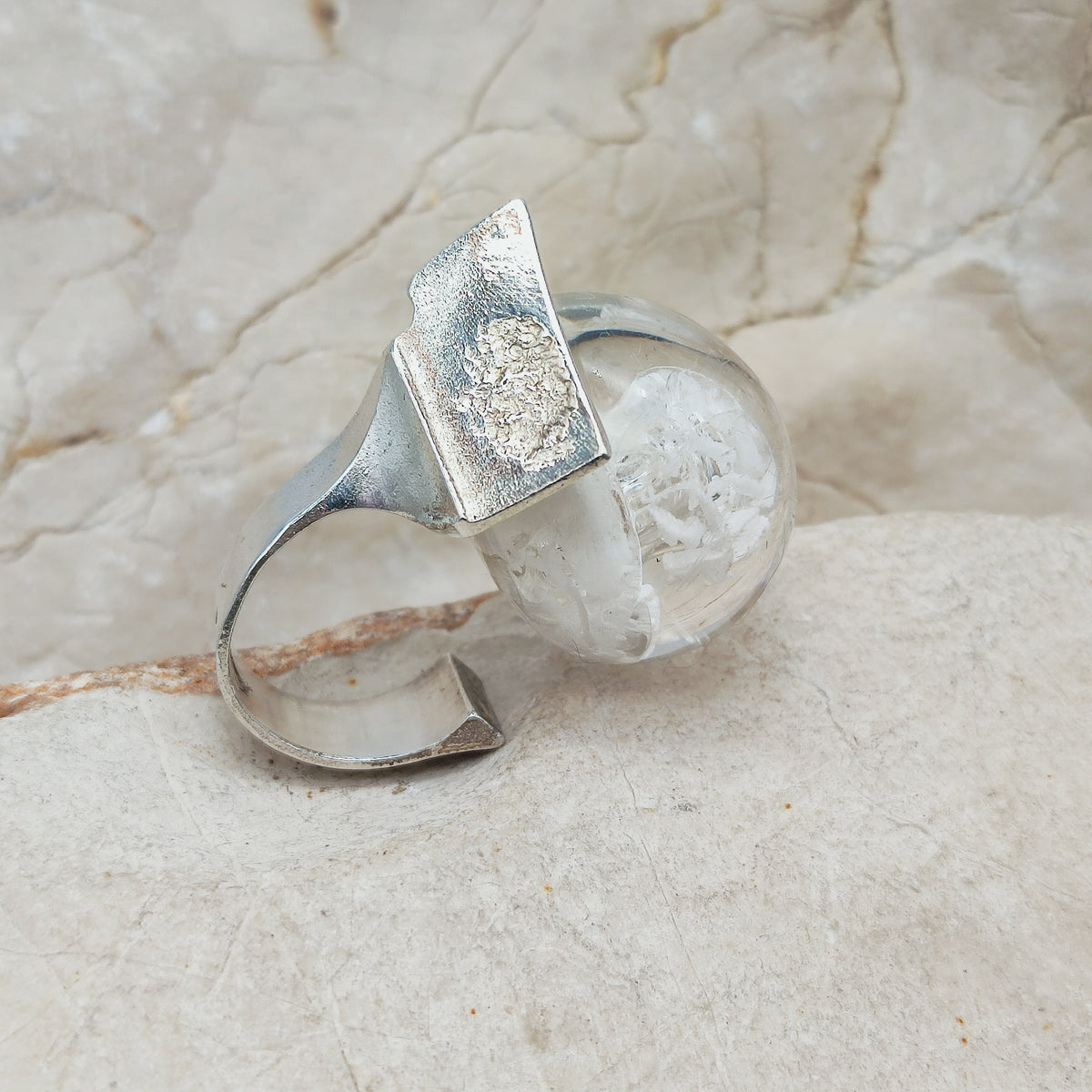 Vintage Petrified Lake Silver & Acrylic Ring by Björn Weckström for Lapponia 1971