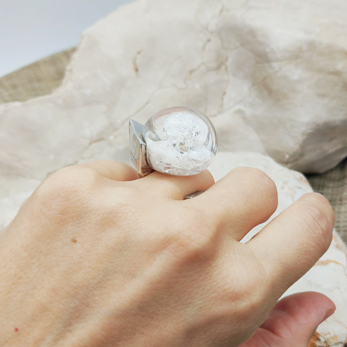 Vintage Petrified Lake Silver & Acrylic Ring by Björn Weckström for Lapponia 1971
