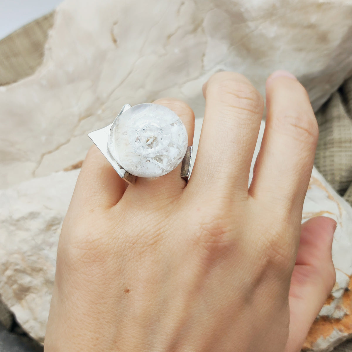 Vintage Petrified Lake Silver & Acrylic Ring by Björn Weckström for Lapponia 1971
