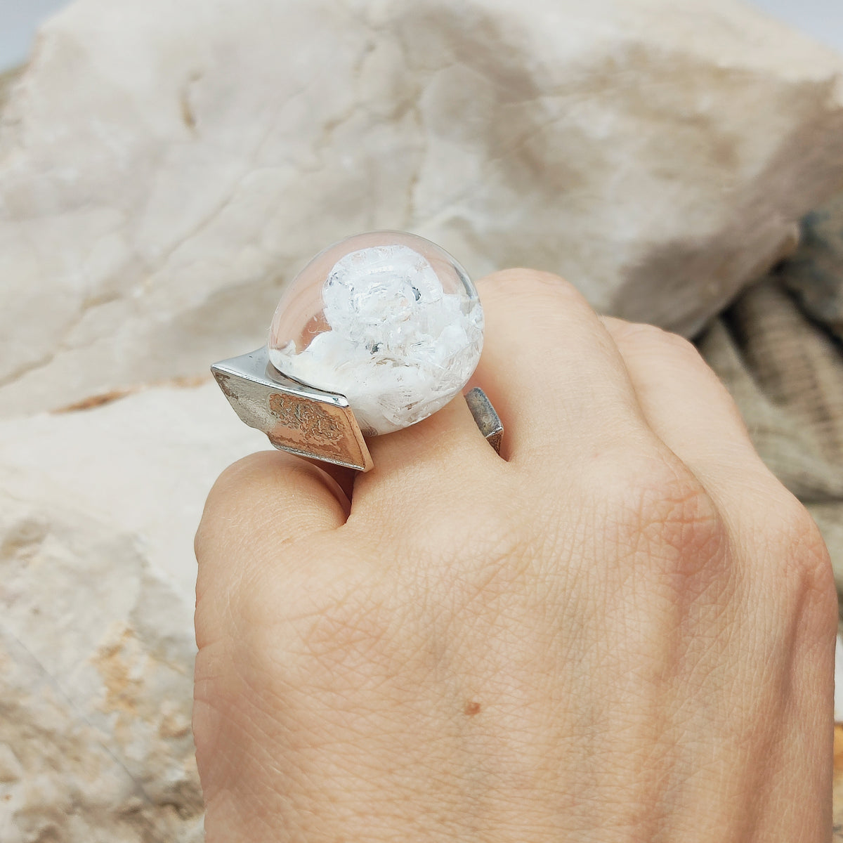 Vintage Petrified Lake Silver & Acrylic Ring by Björn Weckström for Lapponia 1971
