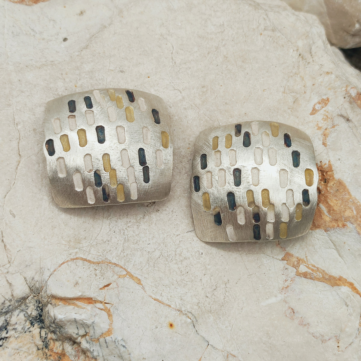 Signed Jan Suchodolski Sterling Silver, Gold Wash & Oxidised Clip-On Earrings