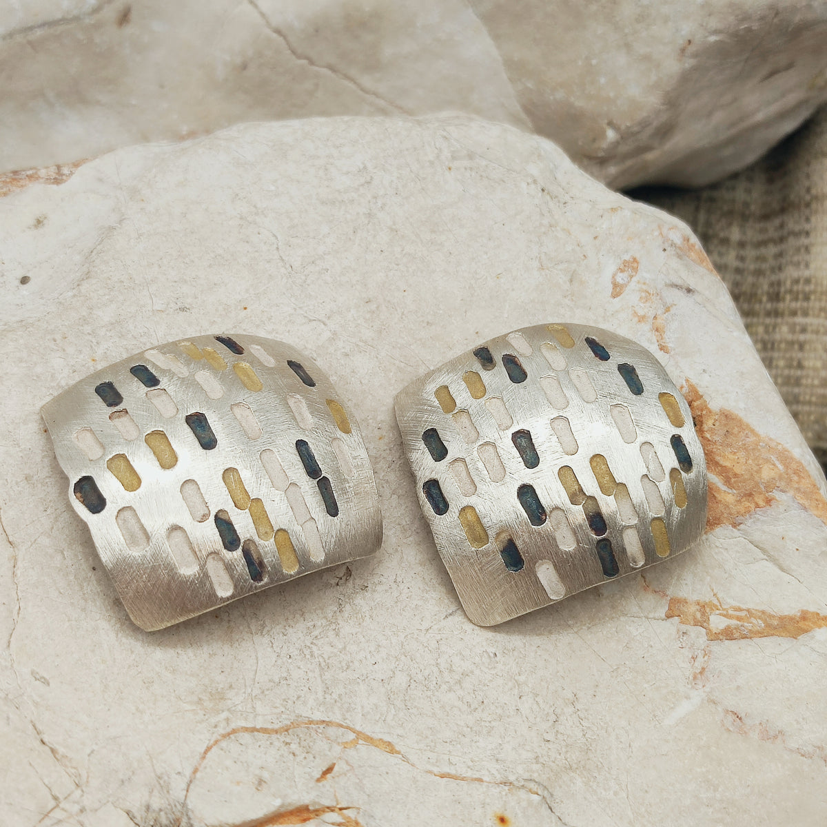 Signed Jan Suchodolski Sterling Silver, Gold Wash & Oxidised Clip-On Earrings