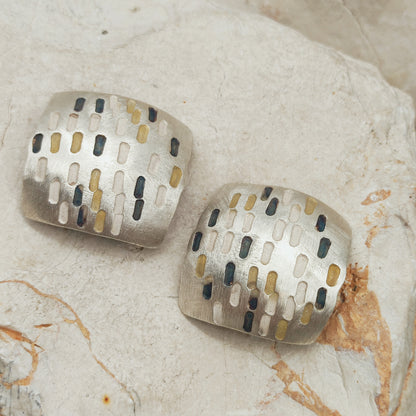Signed Jan Suchodolski Sterling Silver, Gold Wash & Oxidised Clip-On Earrings