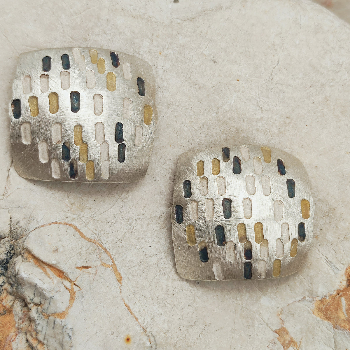 Signed Jan Suchodolski Sterling Silver, Gold Wash & Oxidised Clip-On Earrings
