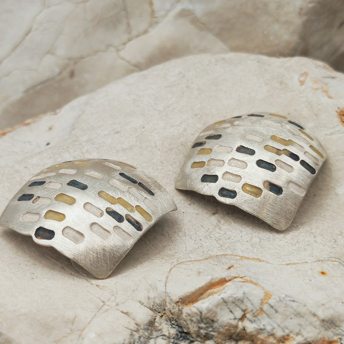 Signed Jan Suchodolski Sterling Silver, Gold Wash & Oxidised Clip-On Earrings
