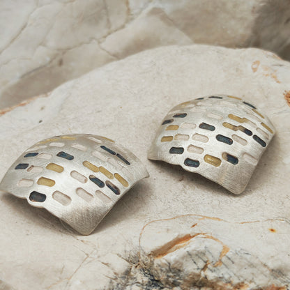 Signed Jan Suchodolski Sterling Silver, Gold Wash & Oxidised Clip-On Earrings