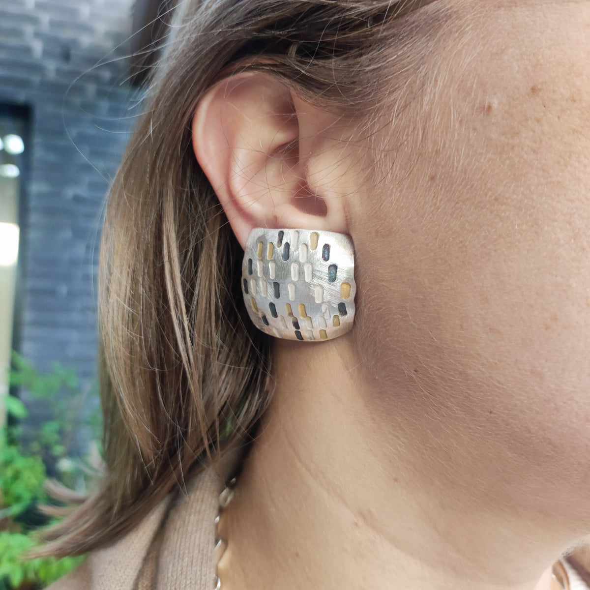 Signed Jan Suchodolski Sterling Silver, Gold Wash & Oxidised Clip-On Earrings