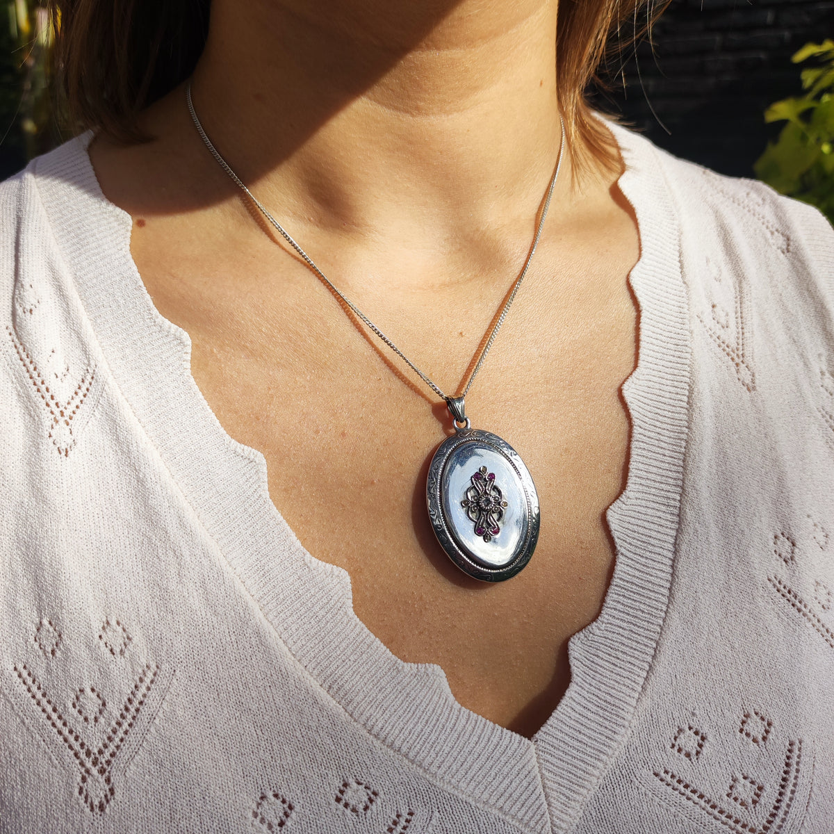Antique Silver Locket with Rose-Cut Diamond, Rubies and Seed Pearls