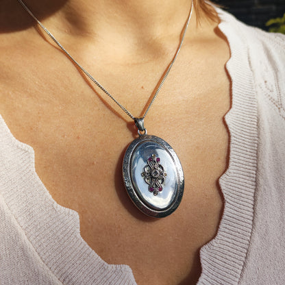 Antique Silver Locket with Rose-Cut Diamond, Rubies and Seed Pearls