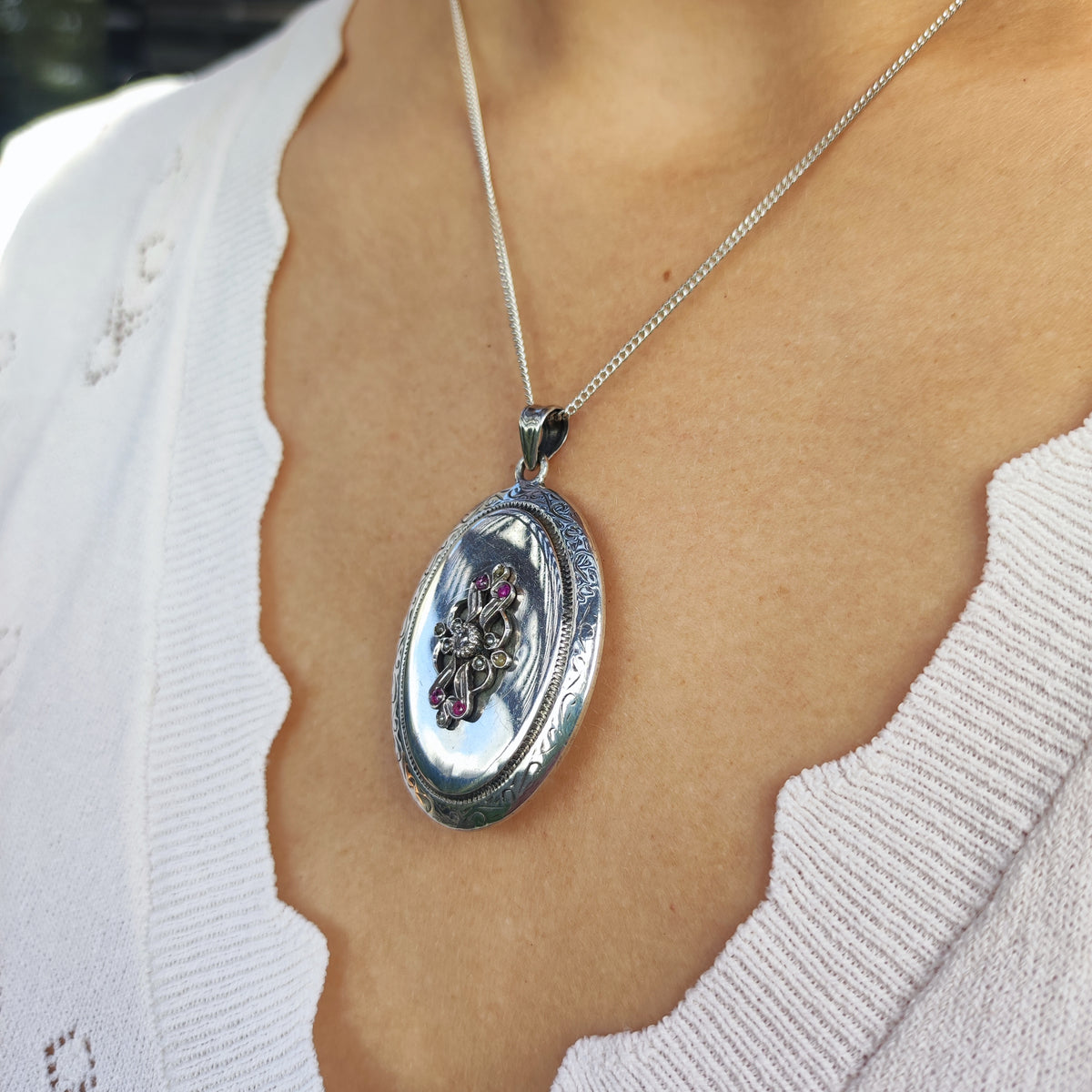 Antique Silver Locket with Rose-Cut Diamond, Rubies and Seed Pearls