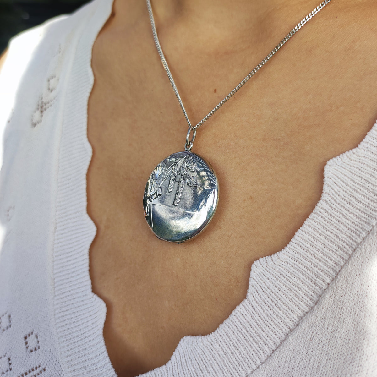 Antique Art Nouveau 800 Silver Locket with Hazel Catkins