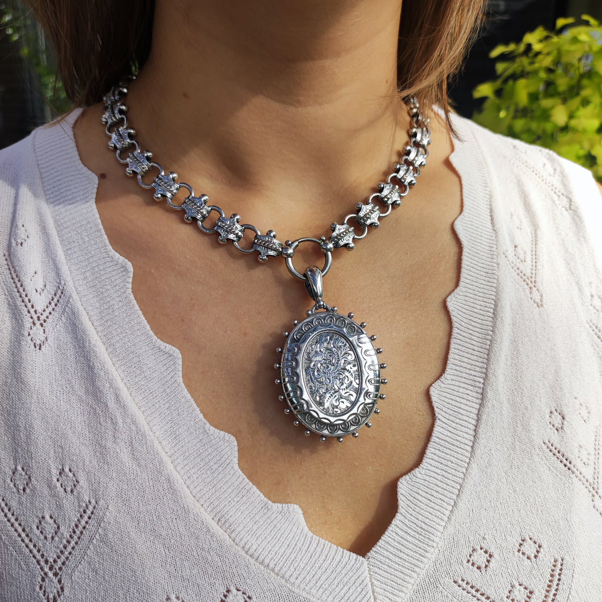 Antique Victorian Silver Book Chain and Presentation Locket, Dated 1882