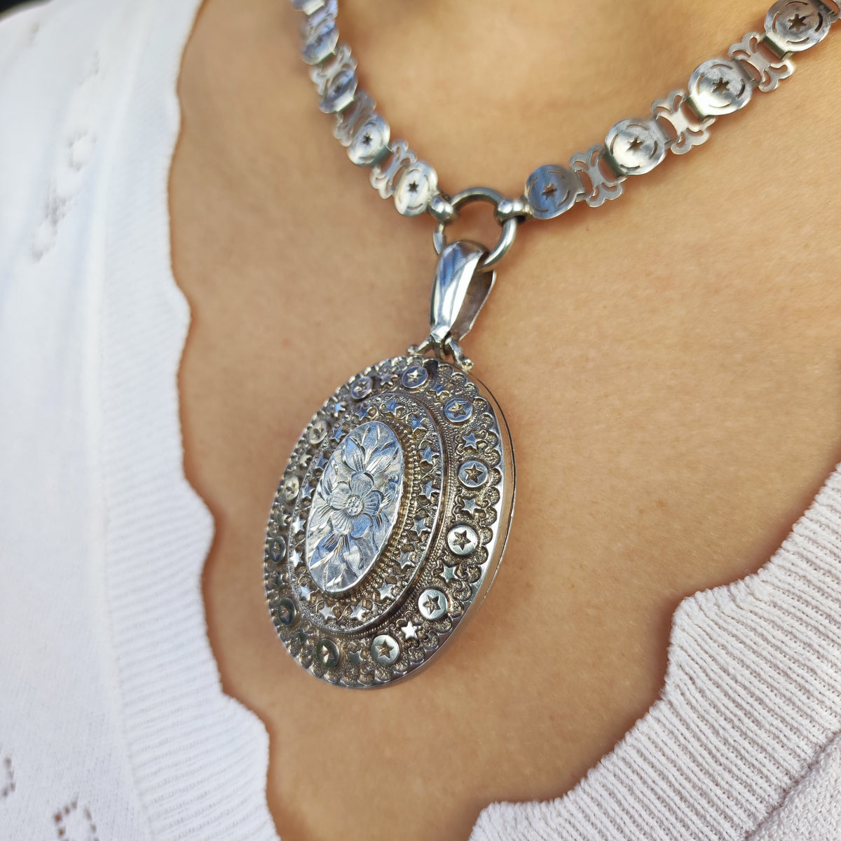 Antique Victorian Sterling Silver Book Chain and Locket by Robert James Dick, 1884
