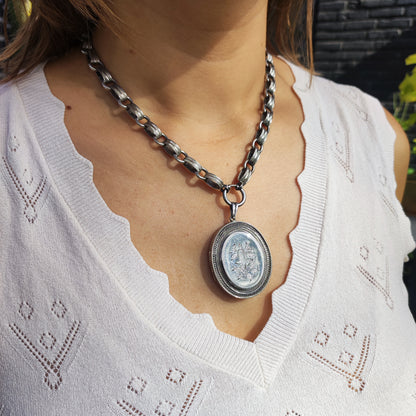 Antique Victorian Silver Book Chain Necklace with Floral Locket