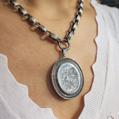 Antique Victorian Silver Book Chain Necklace with Floral Locket