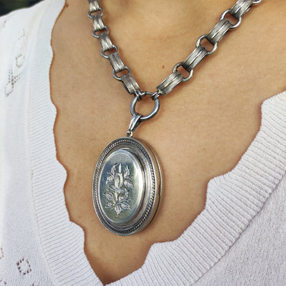 Antique Victorian Silver Book Chain Necklace with Floral Locket