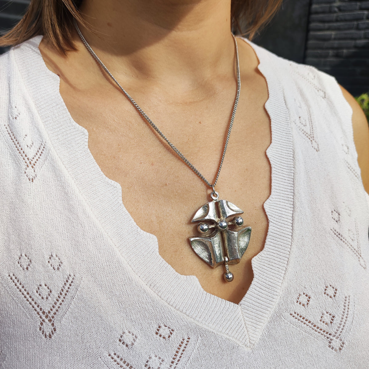 Vintage Finnish AKT 830 Silver Brutalist Pendant Necklace