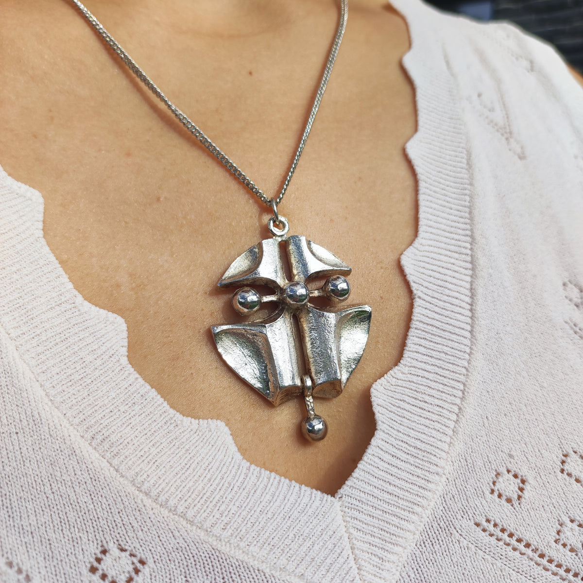 Vintage Finnish AKT 830 Silver Brutalist Pendant Necklace
