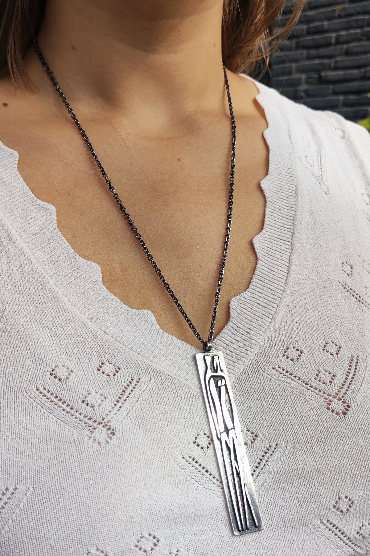 Vintage Mies De Wilde Brutalist Sterling Silver Couple Pendant Necklace