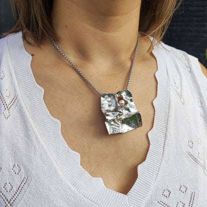 Vintage Mies De Wilde Brutalist Sterling Silver Pearl Pendant Necklace