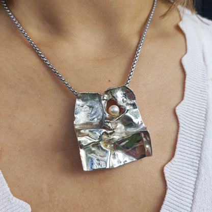 Vintage Mies De Wilde Brutalist Sterling Silver Pearl Pendant Necklace