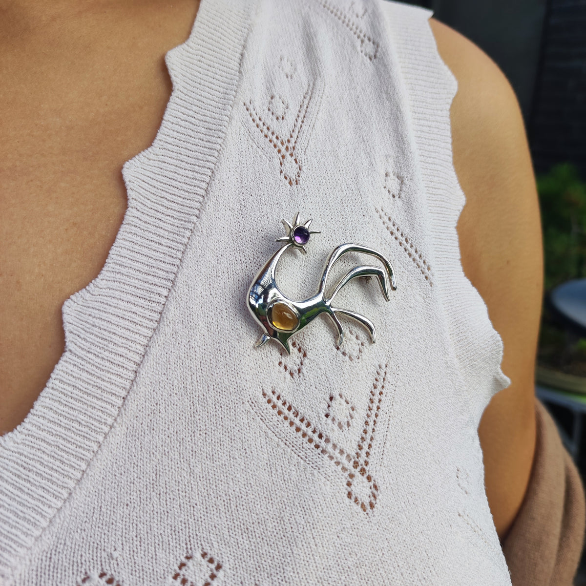 Vintage Mies De Wilde Sterling Silver Rooster Brooch with Amethyst and Citrine