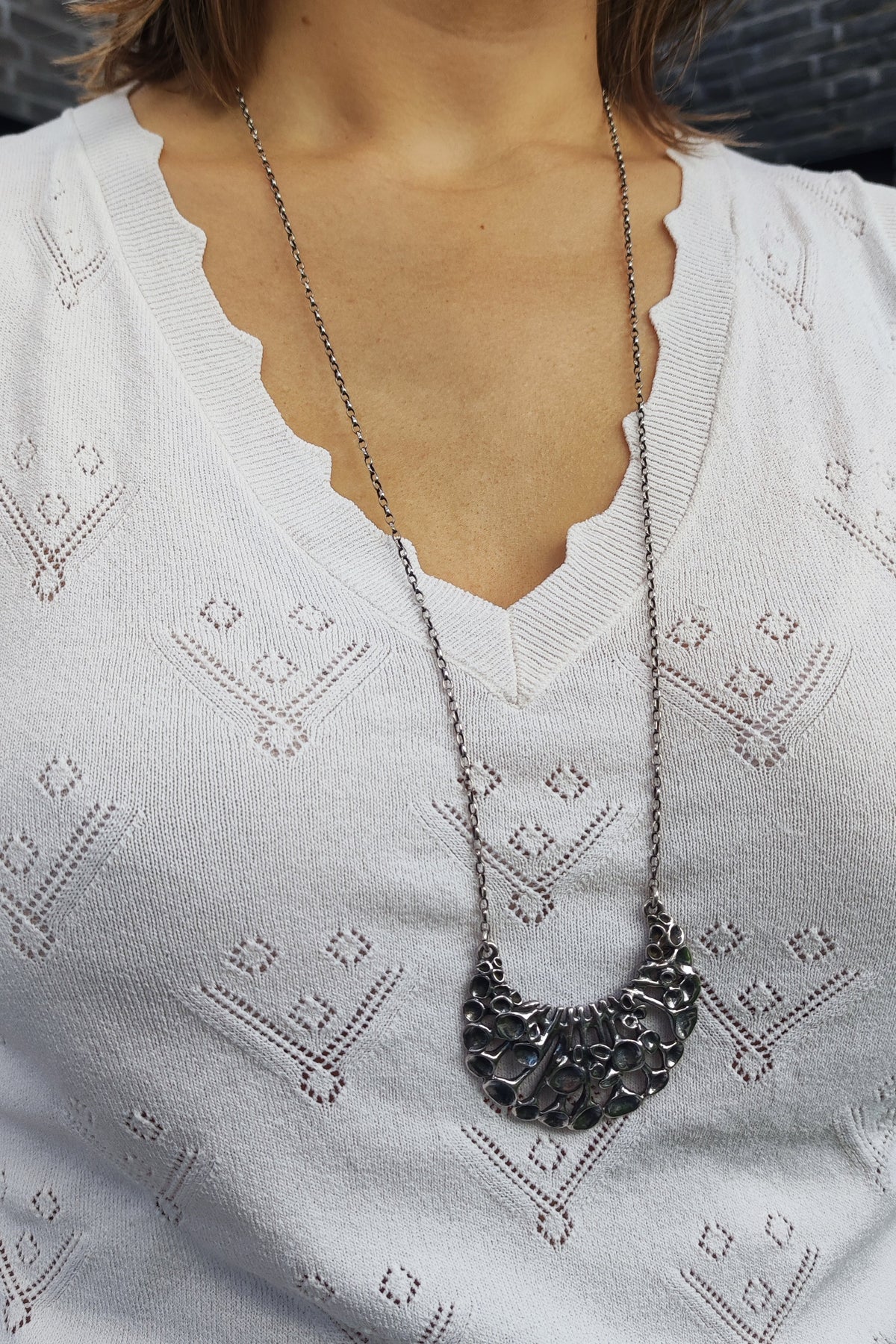 Vintage Hannu Ikonen Crescent Reindeer Moss Silver Necklace