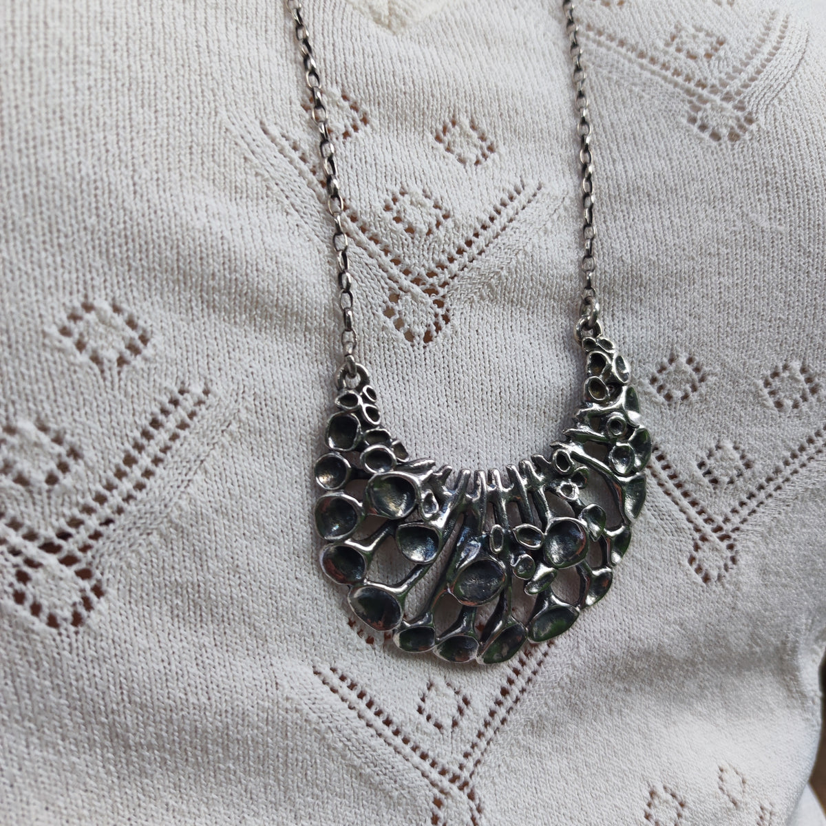 Vintage Hannu Ikonen Crescent Reindeer Moss Silver Necklace