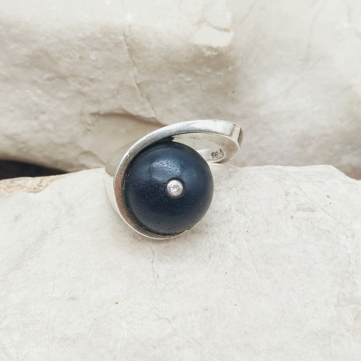 Modernist Sterling Silver Ring with Dark Wood and Diamond