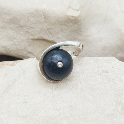 Modernist Sterling Silver Ring with Dark Wood and Diamond