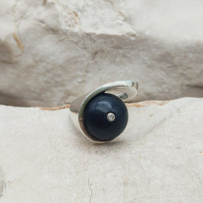 Modernist Sterling Silver Ring with Dark Wood and Diamond