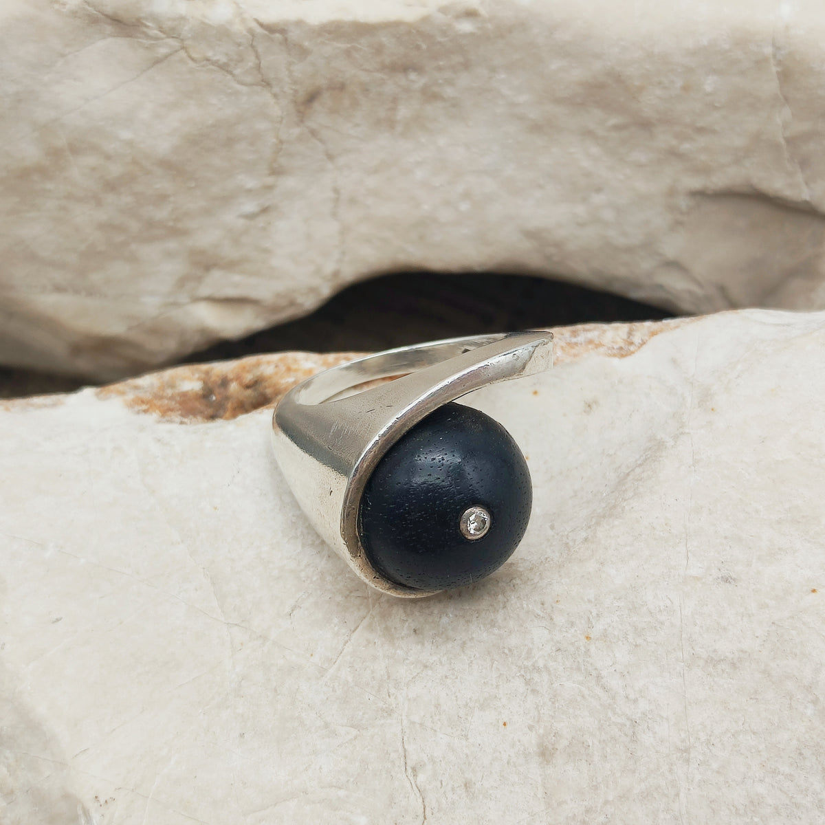 Modernist Sterling Silver Ring with Dark Wood and Diamond