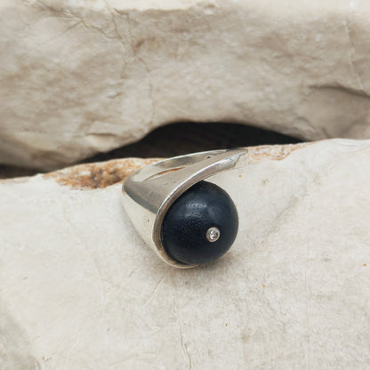 Modernist Sterling Silver Ring with Dark Wood and Diamond
