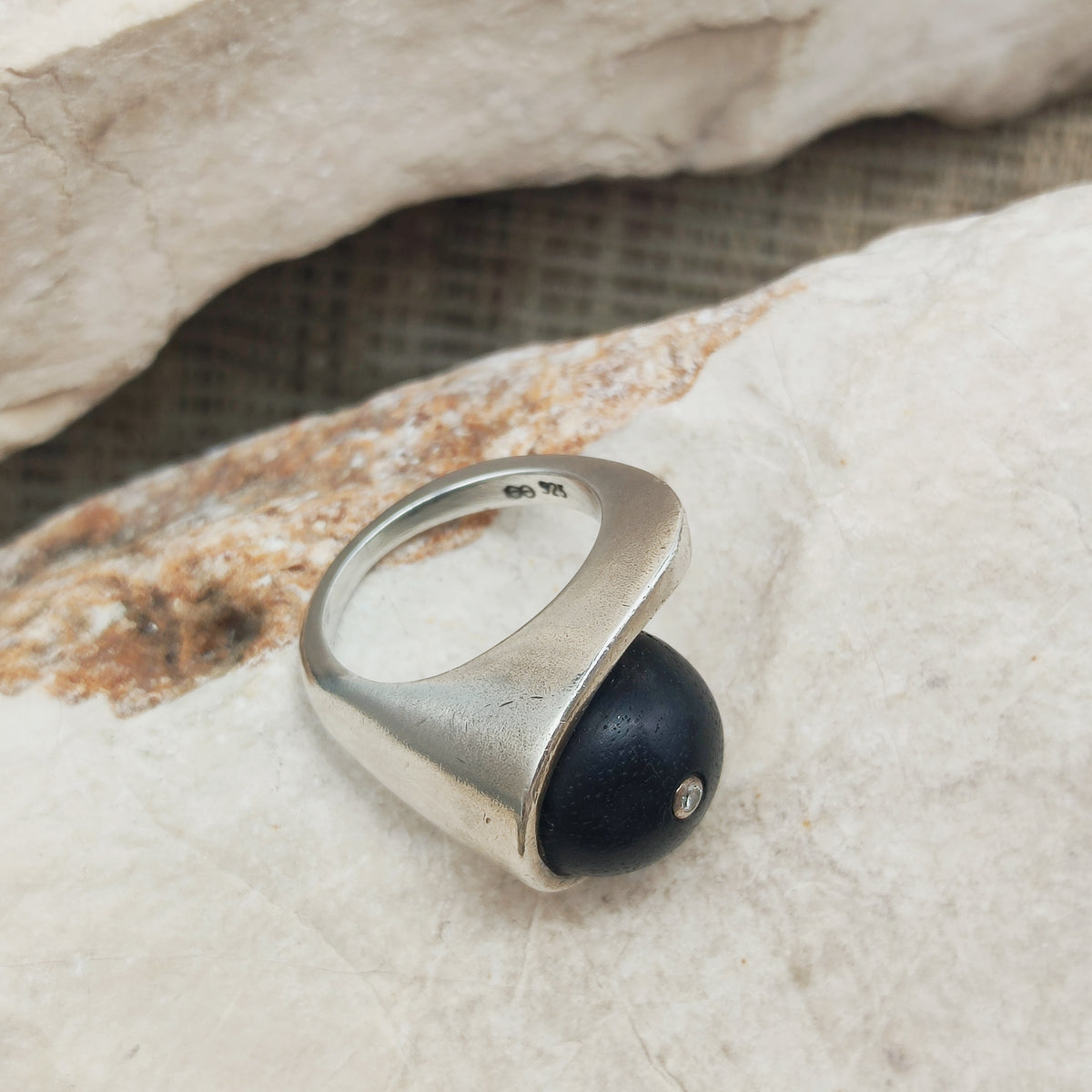 Modernist Sterling Silver Ring with Dark Wood and Diamond