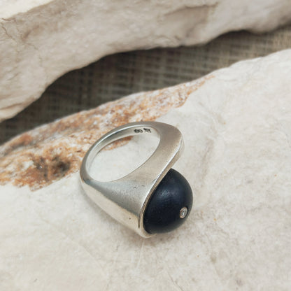 Modernist Sterling Silver Ring with Dark Wood and Diamond