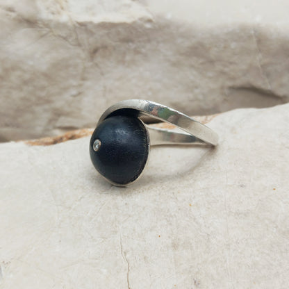 Modernist Sterling Silver Ring with Dark Wood and Diamond