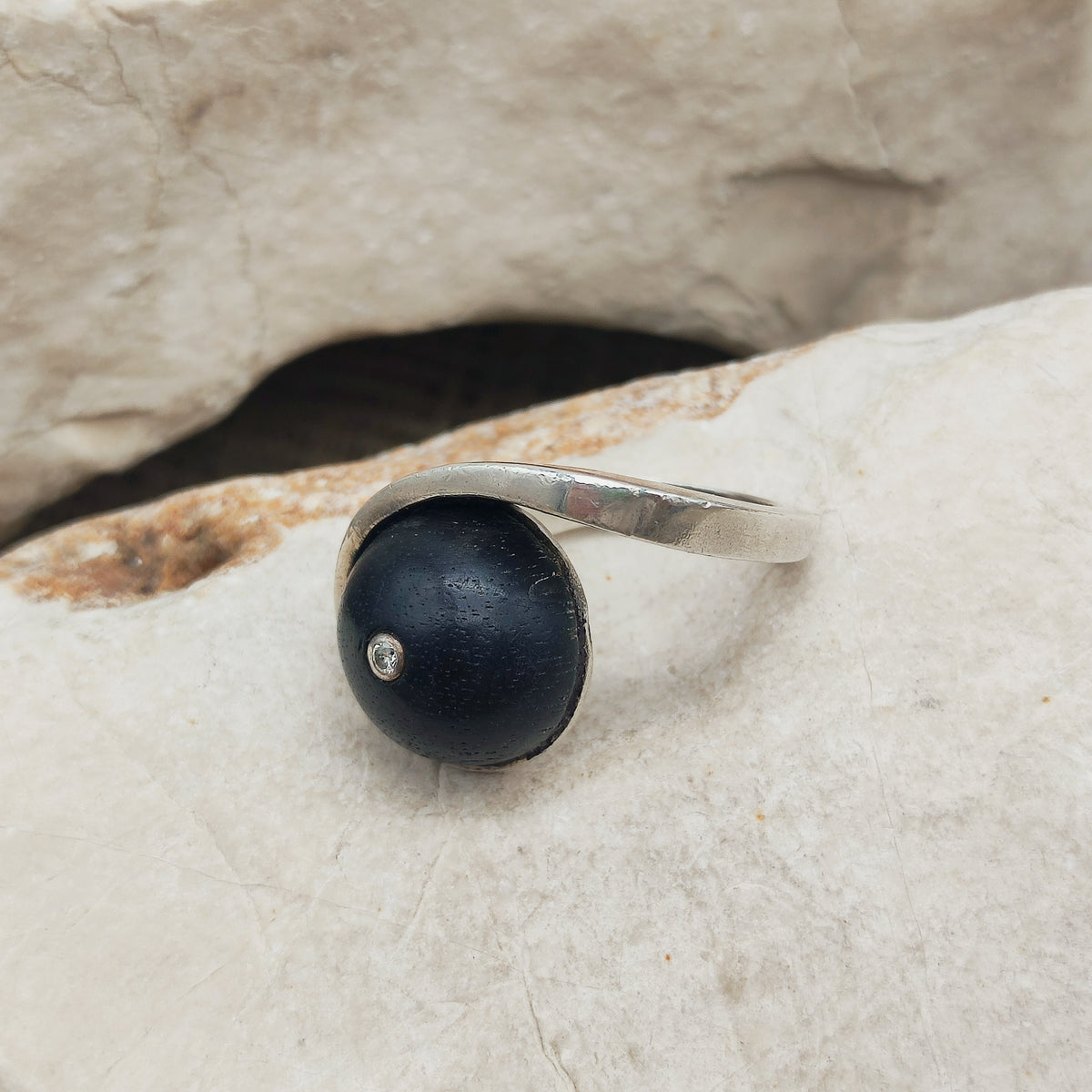 Modernist Sterling Silver Ring with Dark Wood and Diamond