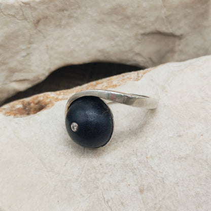 Modernist Sterling Silver Ring with Dark Wood and Diamond