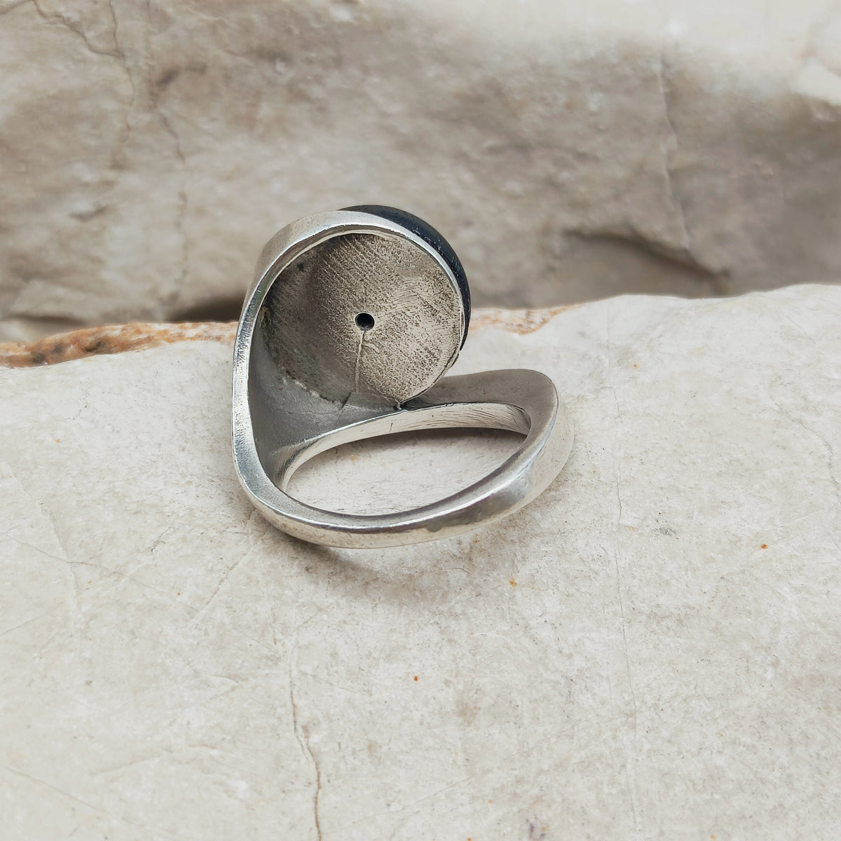 Modernist Sterling Silver Ring with Dark Wood and Diamond