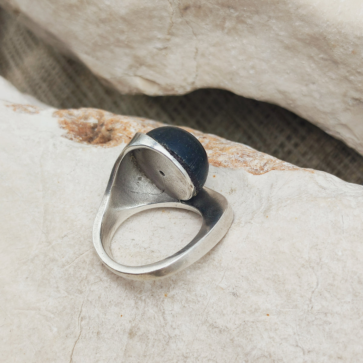 Modernist Sterling Silver Ring with Dark Wood and Diamond