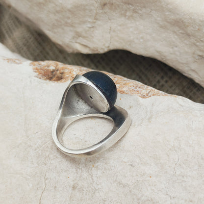 Modernist Sterling Silver Ring with Dark Wood and Diamond