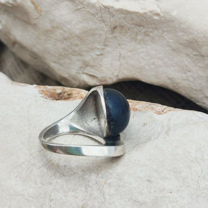 Modernist Sterling Silver Ring with Dark Wood and Diamond
