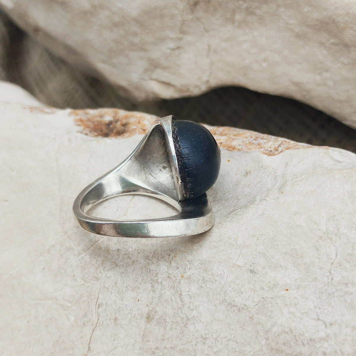Modernist Sterling Silver Ring with Dark Wood and Diamond