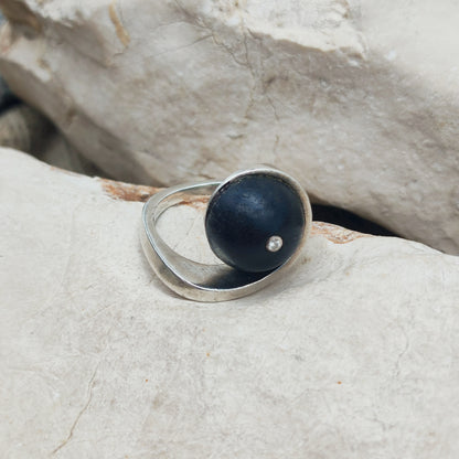Modernist Sterling Silver Ring with Dark Wood and Diamond