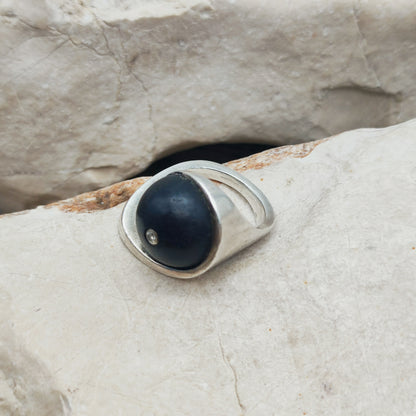 Modernist Sterling Silver Ring with Dark Wood and Diamond