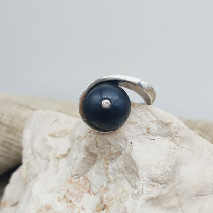 Modernist Sterling Silver Ring with Dark Wood and Diamond
