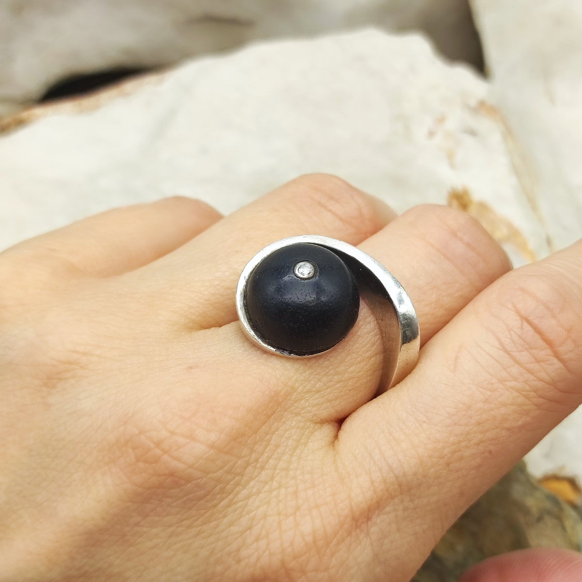 Modernist Sterling Silver Ring with Dark Wood and Diamond